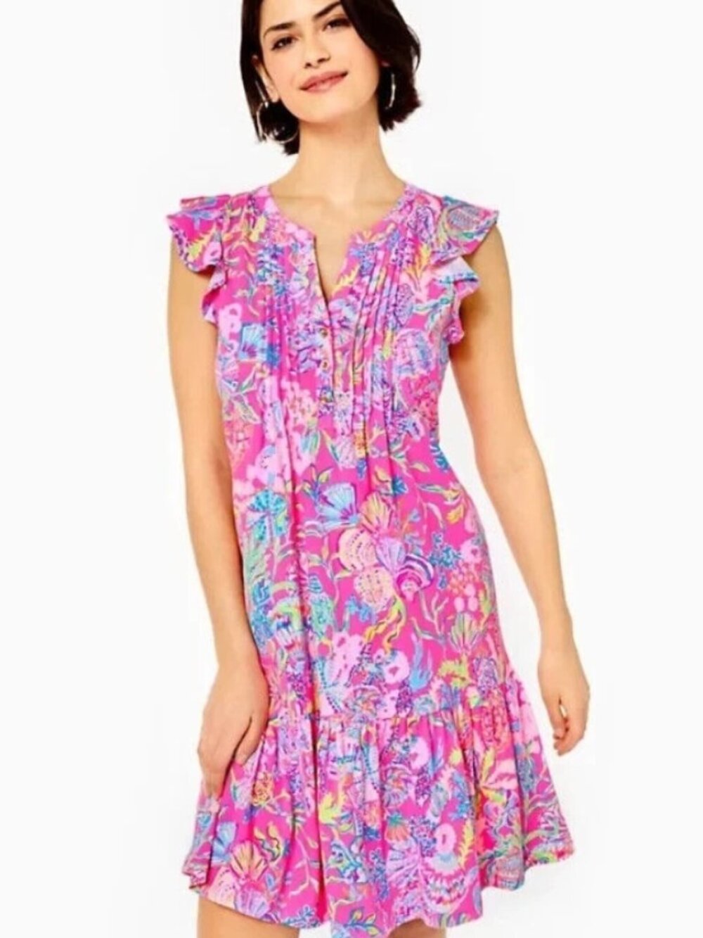 Lilly Pulitzer Golda Dress Pintuck Flutter Sleeve Floral Printed Mini M